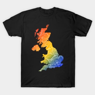 Colorful mandala art map of United Kingdom with text in blue, yellow, and red T-Shirt